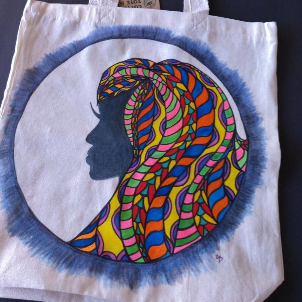Handmade Painted Tote Bag with Lady with Rainbow Hair Silhouette Art Artisan